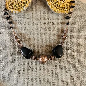 Vintage black beads stars silver tone beaded necklace hippie retro style